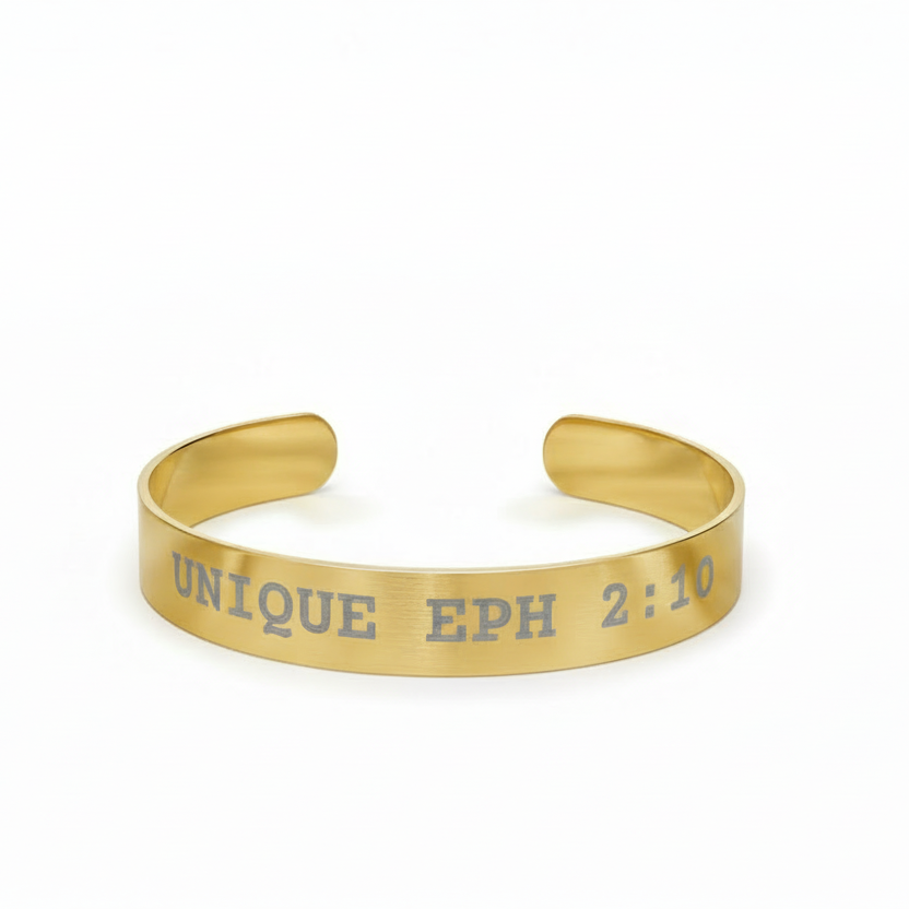Unique gold cuff bracelet with a spiritual message EPH 2:10