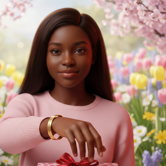 Woman in a pink sweater opening an engraved  cuff bracelet gift with a floral spring background