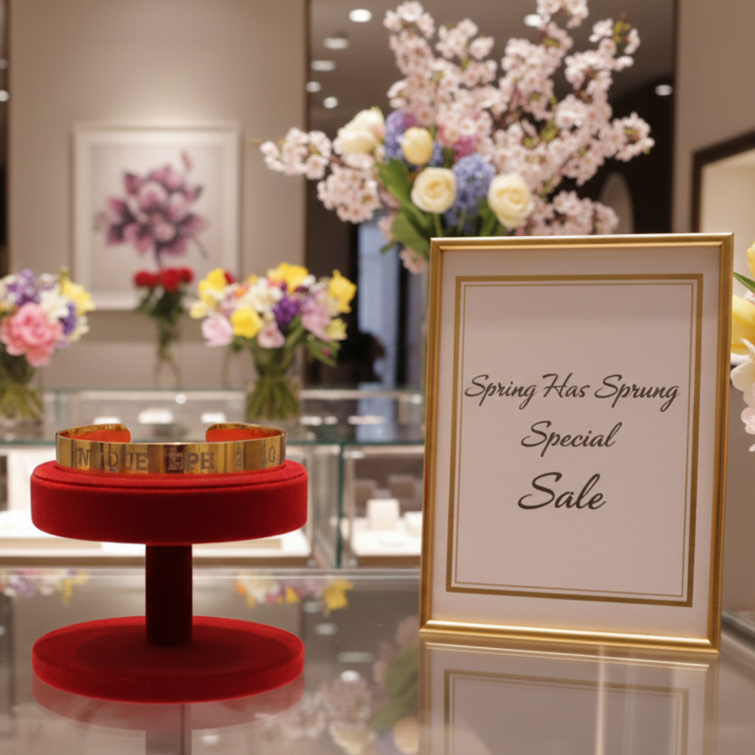 Jewelry display with a 'Spring Has Sprung Special Sale' sign in a store setting. Featuring a gold cuff bracelet.
