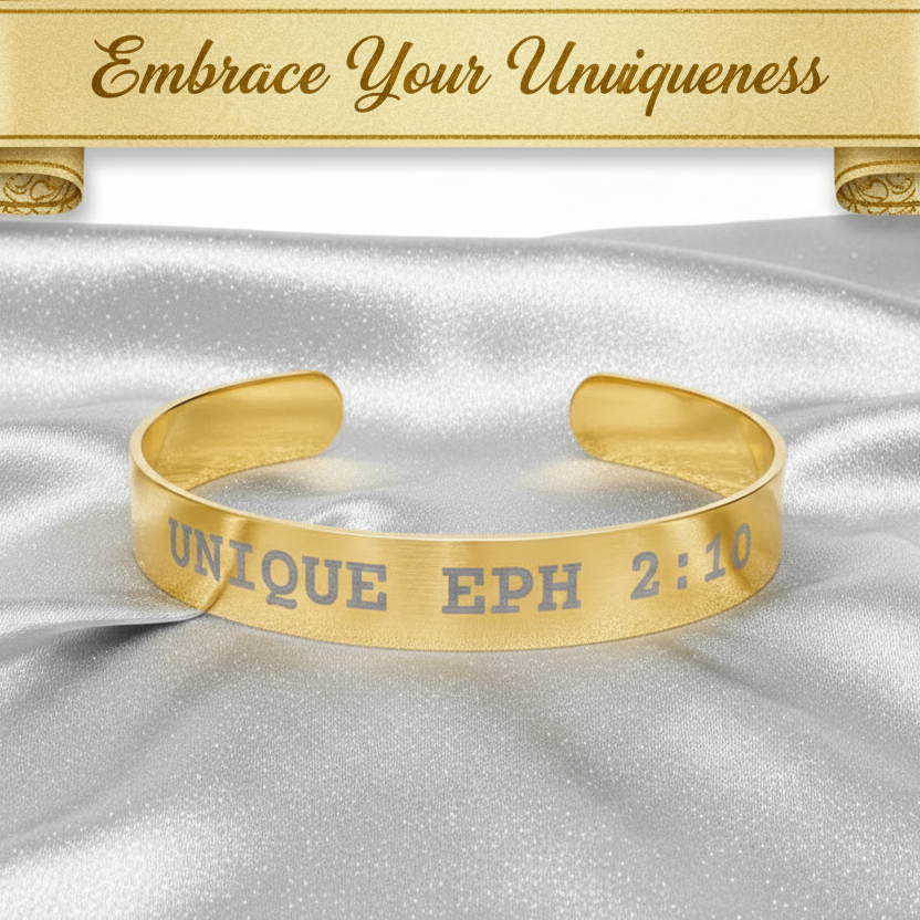 Gold bracelet with 'Embrace Your Uniqueness' text msg on a silver fabric background