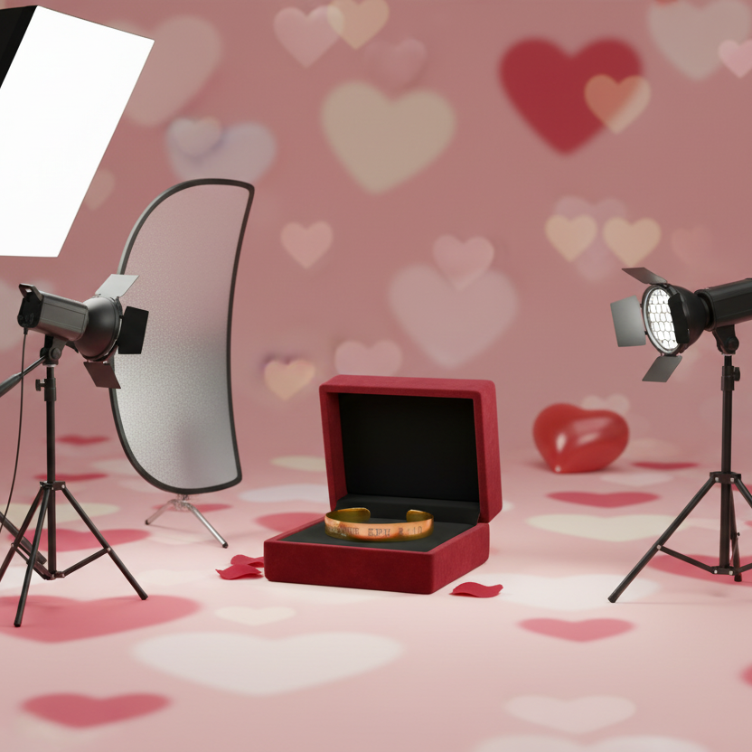 Valentine's Day themed photo setup with heart decorations, featuring a gold cuff bracelet box, and lighting equipment. 
