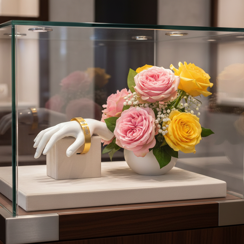 Bouquet of pink and yellow roses in a white vase on a glass display case featuring a gold cuff bracelet.