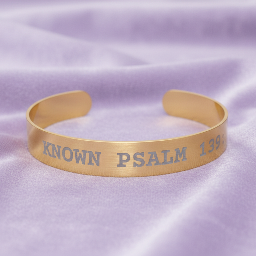 Gold bracelet with engraved text on a purple fabric background
