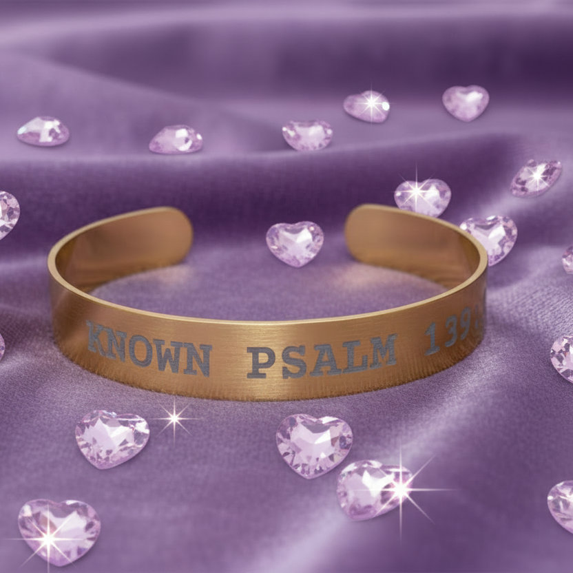 Gold bracelet with 'Known Psalm 139' engraving on a purple fabric background with heart-shaped crystals.