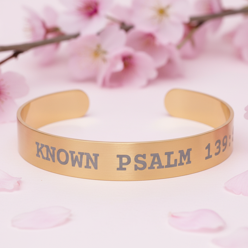 Gold bracelet with 'KNOWN PSALM 139' text on a pink floral background