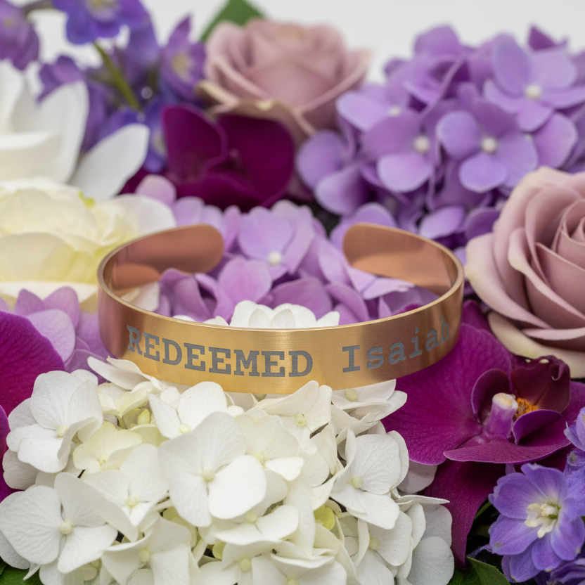 Gold bracelet with 'REDEEMED Isaiah' text on a bed of flowers