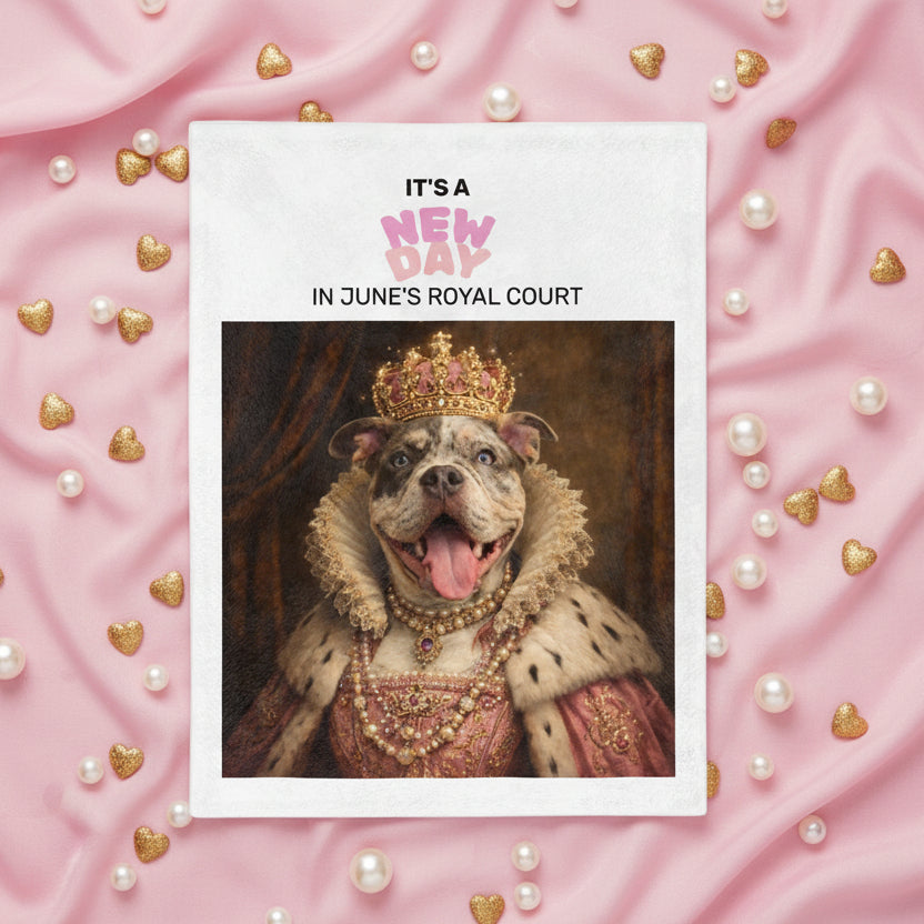 Pit Bull dog in royal attire with decorative text on a white velvet bed throw background