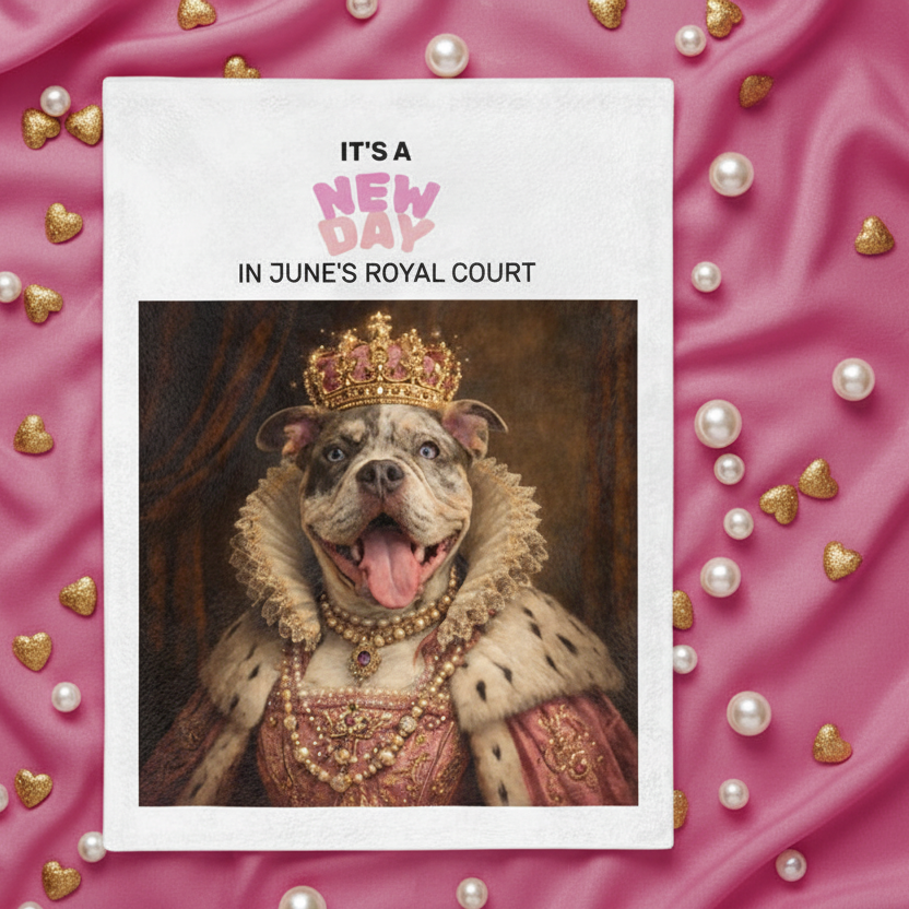 Queen June in regal attire with a crown and jewels on a pink background with decorative elements on a white velvet background.