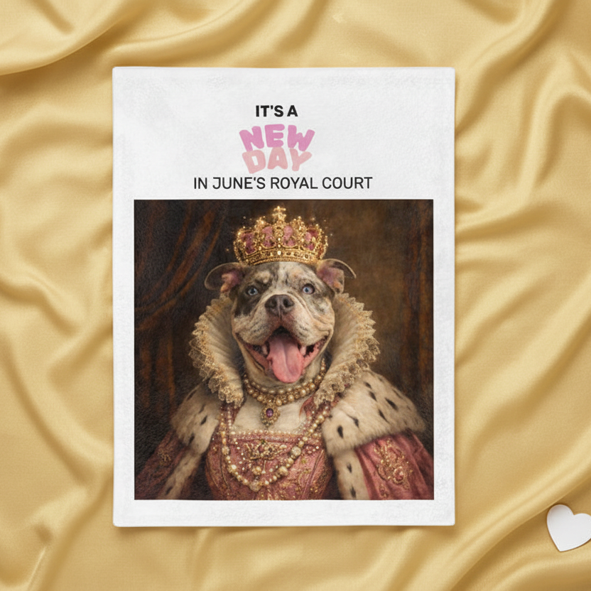 Queen June velvet lap throw and 'It's a New Day' text on a gold fabric background