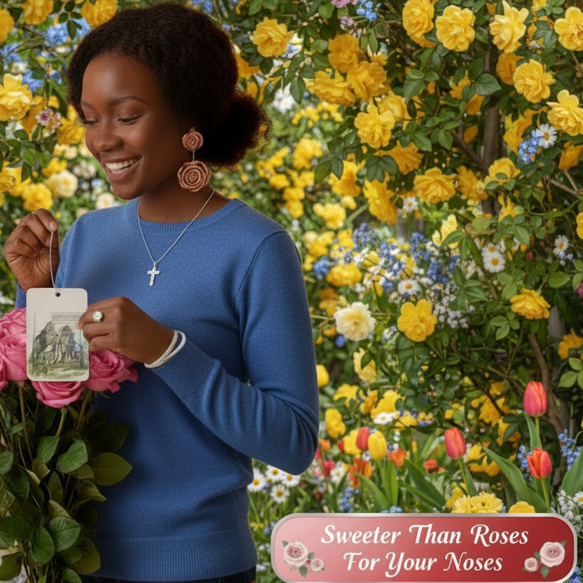 Woman holding an air freshener  product with flowers and text overlay in the background