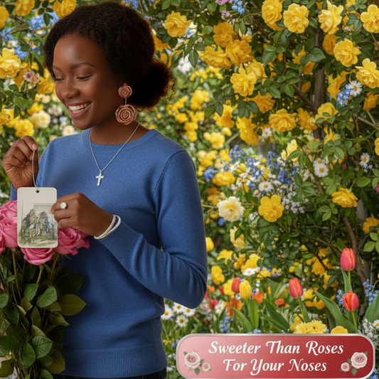 Woman holding an air freshener  product with flowers and text overlay in the background