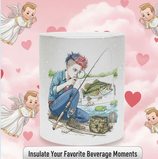 Ceramic metallic silver mug with a fishing illustration on a pink background with heart designs and baby angel illustrations.