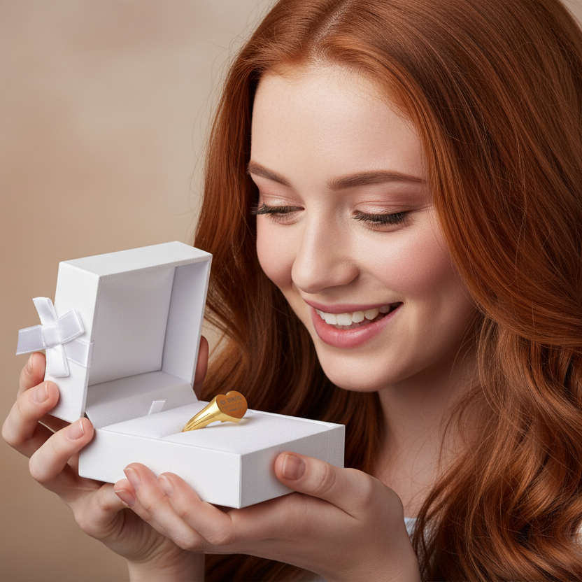 Woman holding a white box with a gold signet ring inside, against a beige background