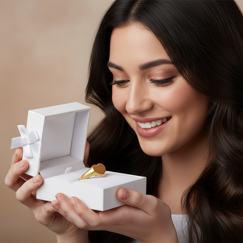 Woman holding a white box with a gold signet ring inside, against a beige background