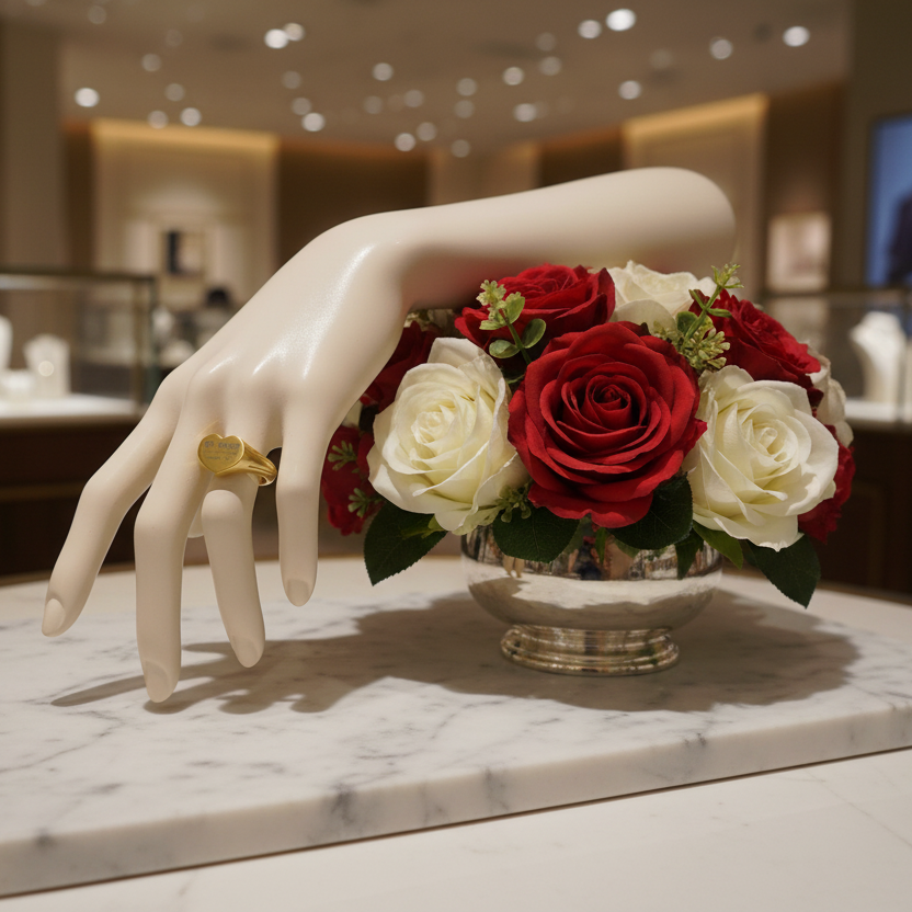 Mannequin hand with a gold ring holding a bouquet of red and white roses on a marble surface.