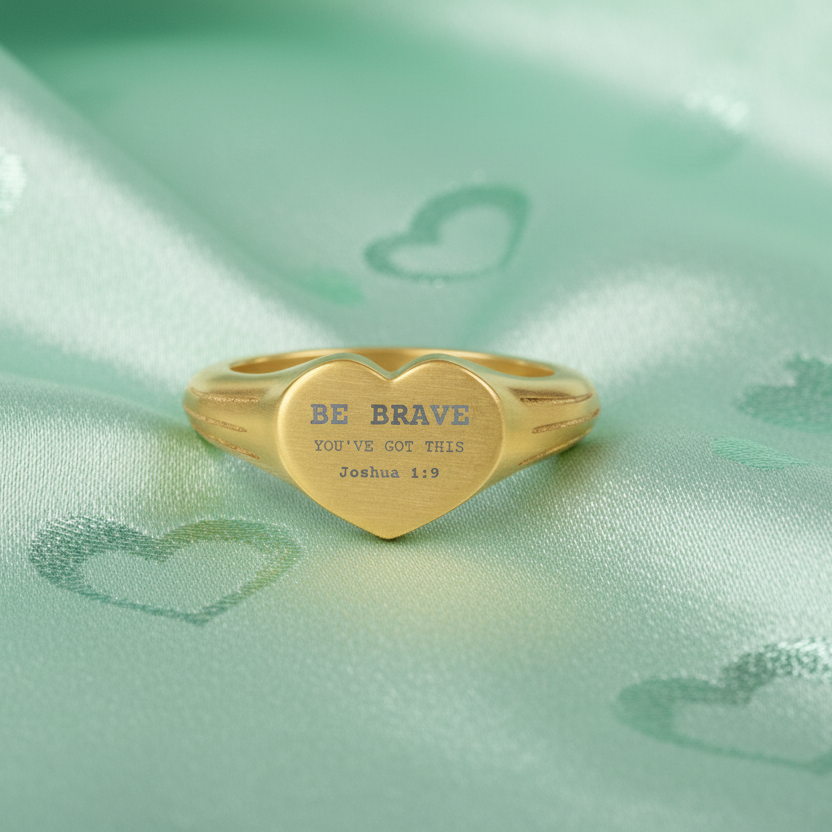 Gold heart-shaped ring with engraved text on a green satin background