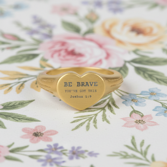 Gold heart-shaped ring with 'Be Brave' engraving on a floral background