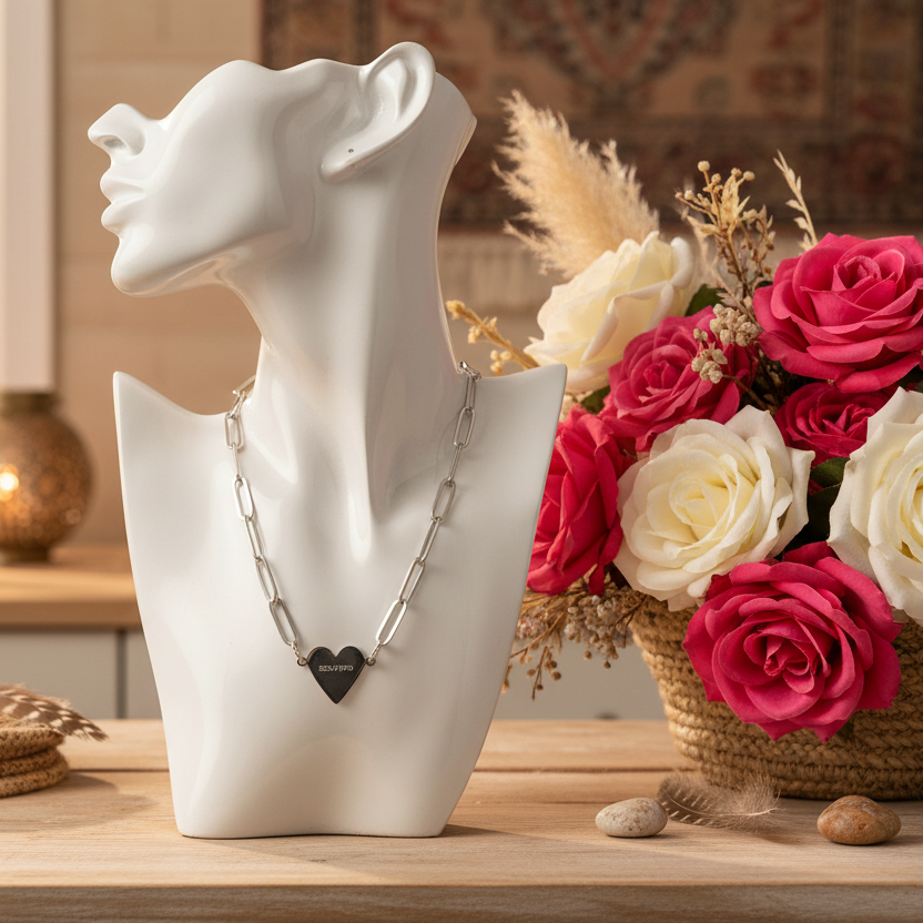 Necklace with a heart pendant on a white bust next to a basket of flowers