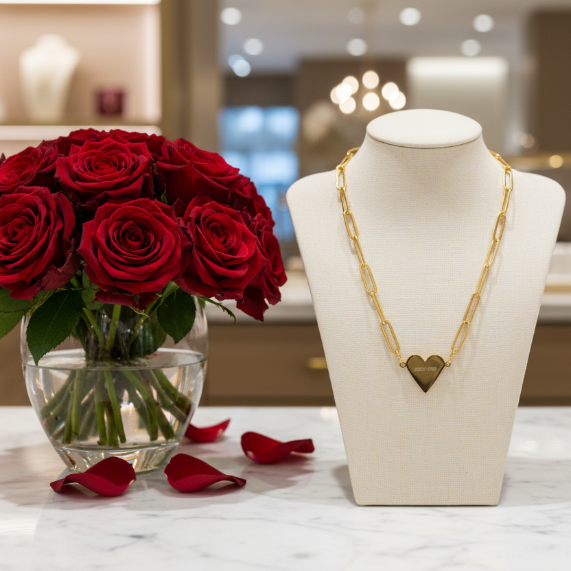 Gold necklace with a heart pendant on a mannequin bust next to red roses in a vase.