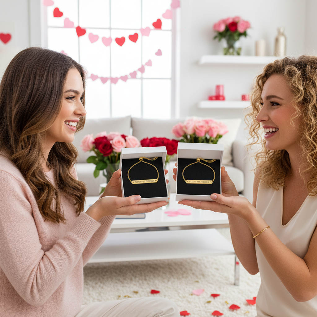 Two women holding jewelry boxes with heart decorations and flowers in the background both showing each other "You're My Person" bracelets they got as gifts.