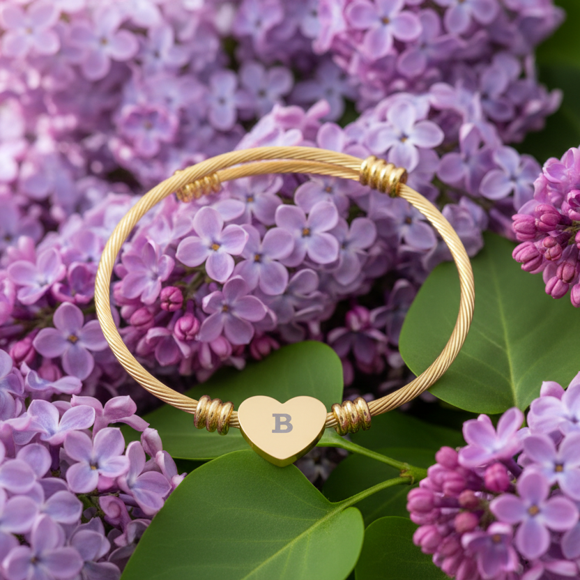 Gold bracelet with a heart-shaped charm featuring the letter 'B' on a background of purple flowers.