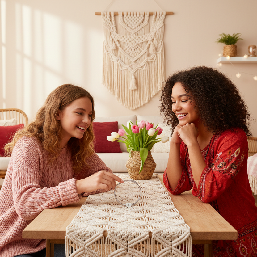 Two women sitting at a table with a decorative macrame wall hanging in the background smiling and admiring a gold bracelet.