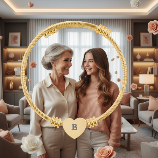 Gold Initial "B" bracelet with a older woman and teen smiling at each other in a livingroom.
