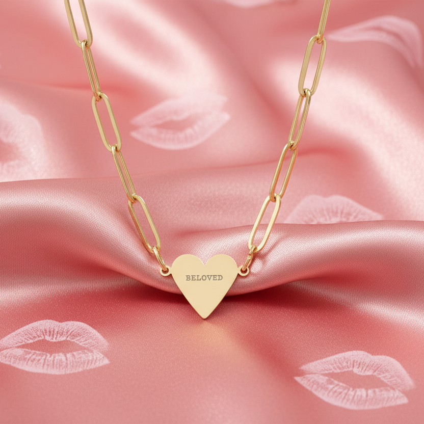 Gold chain necklace with a heart-shaped pendant on pink fabric background