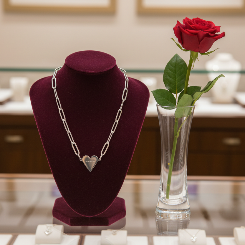 Silver paper clip necklace on a purple velvet stand with a red rose in a glass vase.