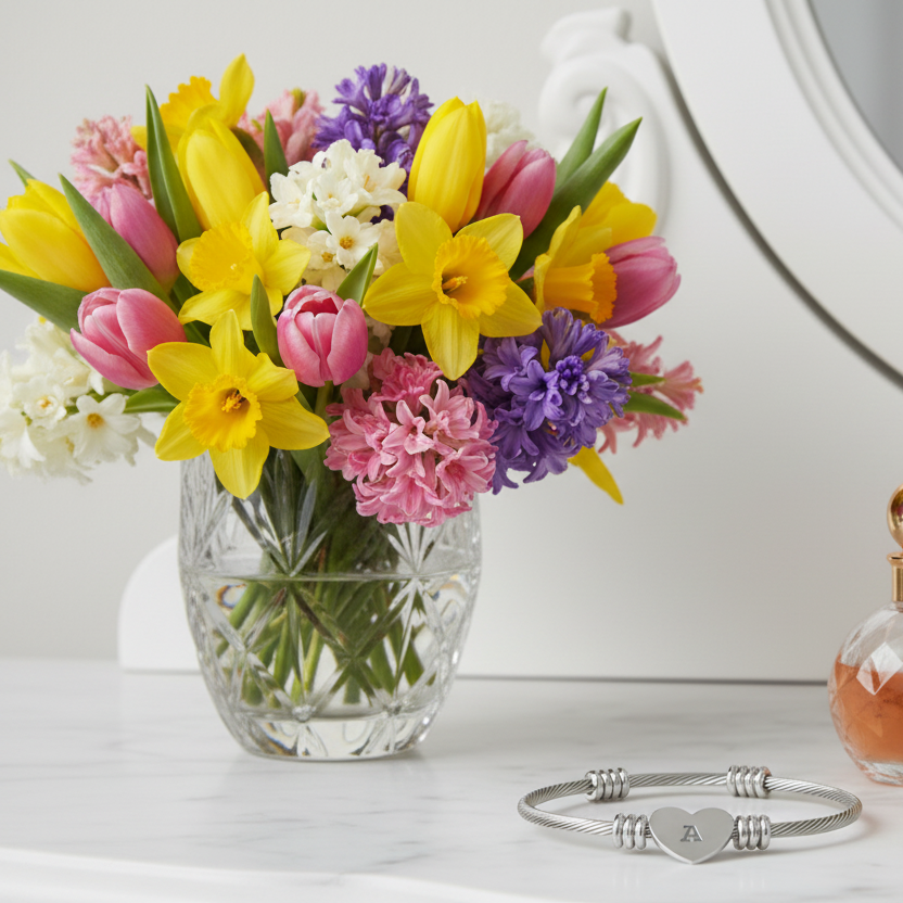 Bouquet of colorful flowers in a clear vase with a silver bracelet on a white surface.