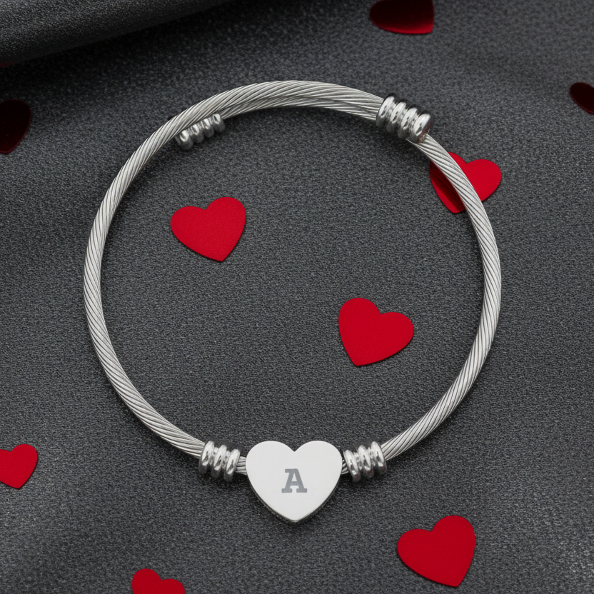 Silver bracelet with a heart-shaped charm and letter 'A' on a grey background with red hearts