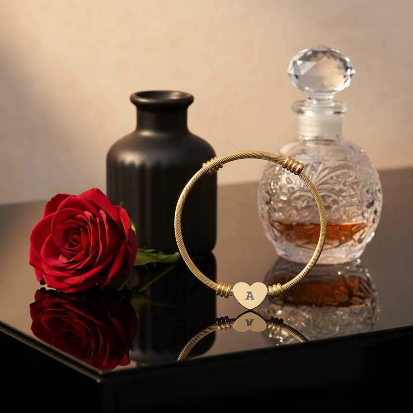 Gold bracelet with heart charm and letter 'A', red rose, black vase, and glass decanter on a reflective surface