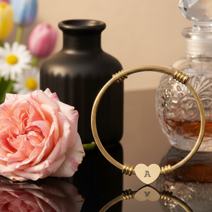 Gold bracelet with heart-shaped charm and letter 'A' next to pink roses and a black vase.