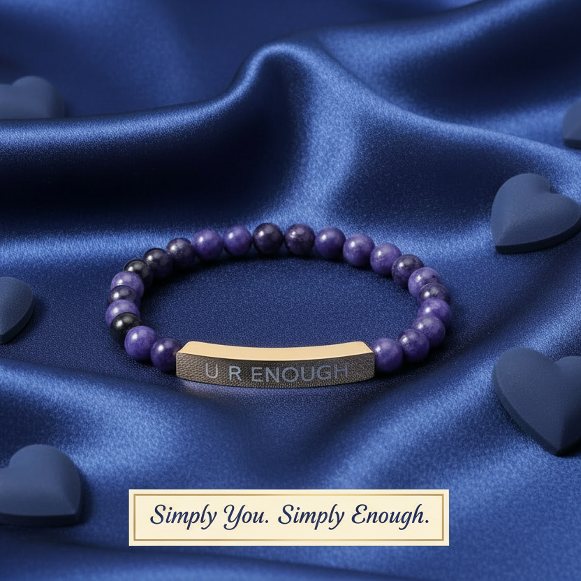 Navy blue natural stones beaded bracelet with a gold U R Enough on a blue fabric background with heart shapes. Msg says, "Simply You. Simply Enough.