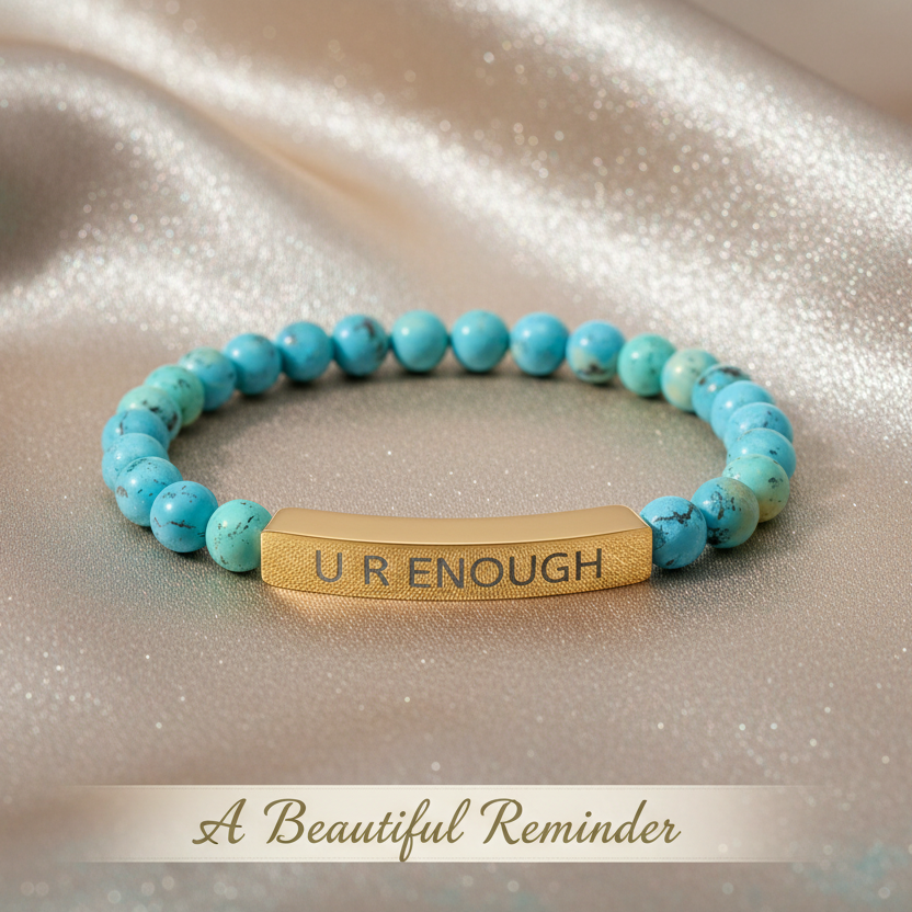 Turquoise natural stone beaded bracelet with a gold U R Enough on a textured beige background