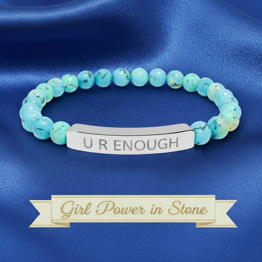 Turquoise natural stone beaded bracelet with engraved message on blue satin fabric, featuring "Girl Power In Stone" for this U R Enough Silver bar bracelet .