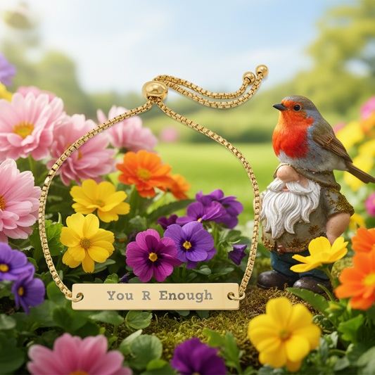 Bracelet with 'You R Enough' message in a garden setting with flowers and a gnome.