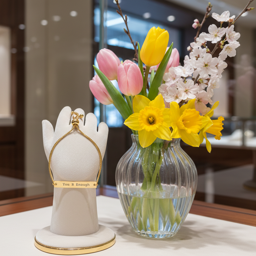 Vase with flowers and jewelry display of gold "You R Enough"bracelet on a store display manikin hand.