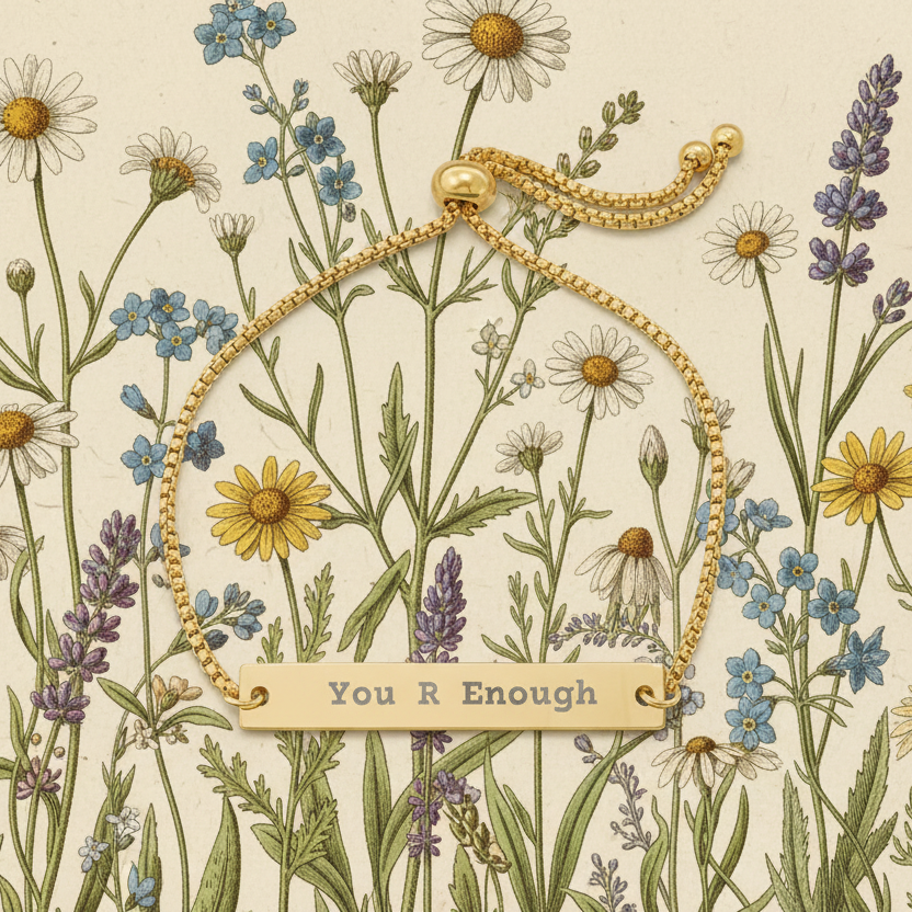 Gold bracelet with 'You R Enough' message on a floral background