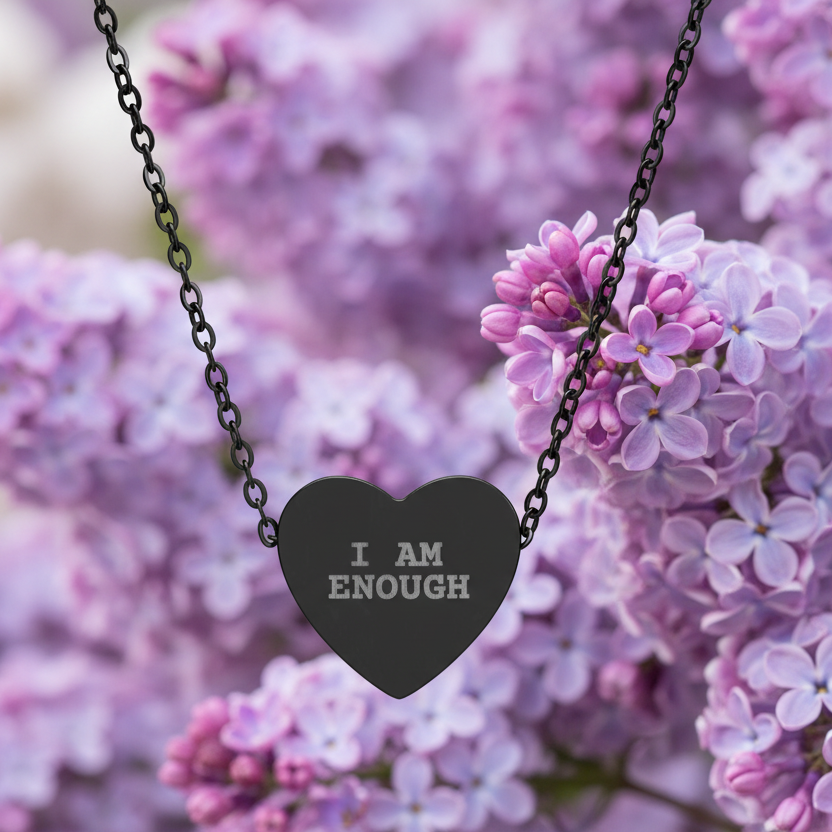 Necklace with a heart-shaped pendant reading 'I AM ENOUGH' against a background of purple flowers.