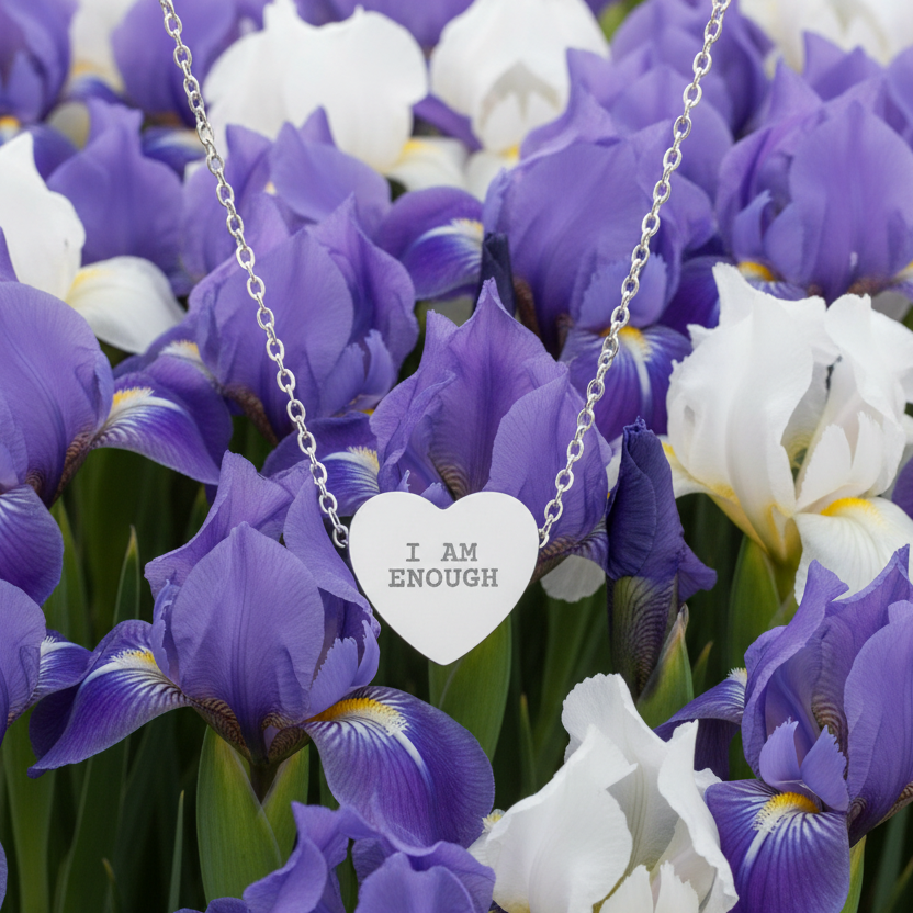 Necklace with 'I AM ENOUGH' heart pendant on a background of purple and white flowers