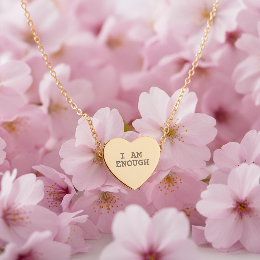 Gold heart-shaped necklace with 'I AM ENOUGH' message on pink flowers