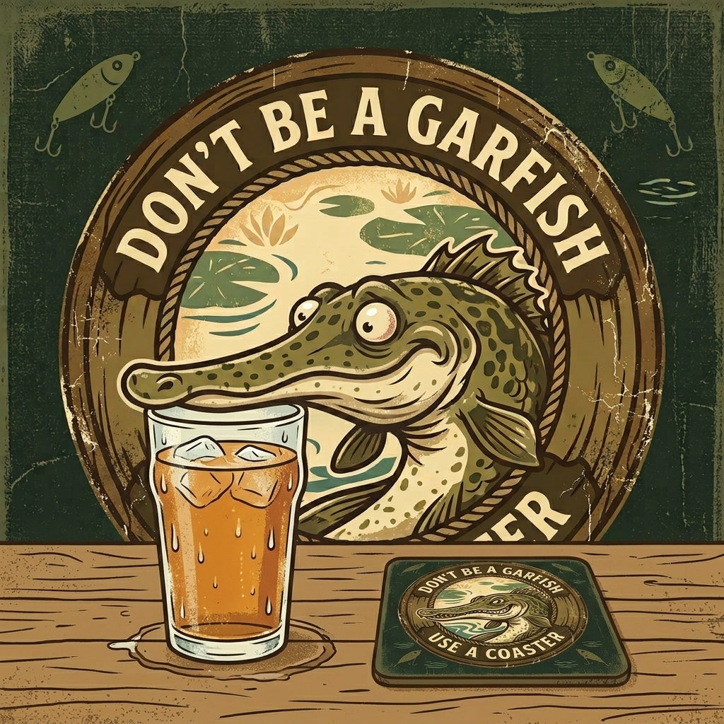 Funny Fishing Coaster Set - "Don’t Be a Garfish" Corkwood Coasters - Unique Lake House Decor & Gift
