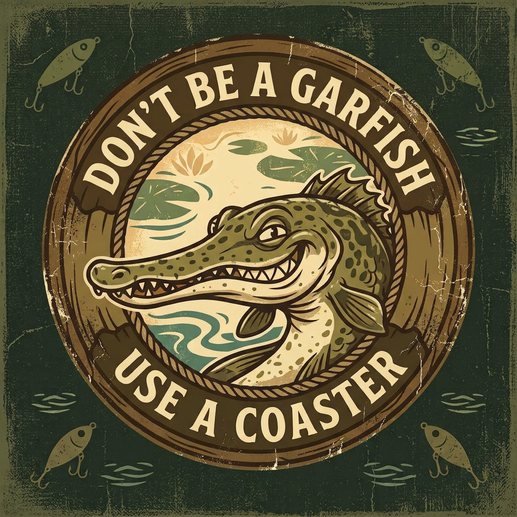 Funny Fishing Coaster Set - "Don’t Be a Garfish" Corkwood Coasters - Unique Lake House Decor & Gift