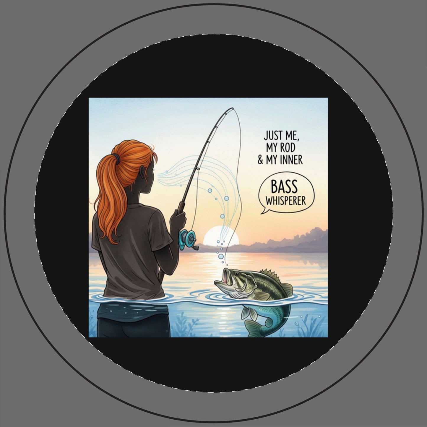 Illustration of a woman fishing with text 'Just me, my rod & my inner bass whisperer' on a lake background.
