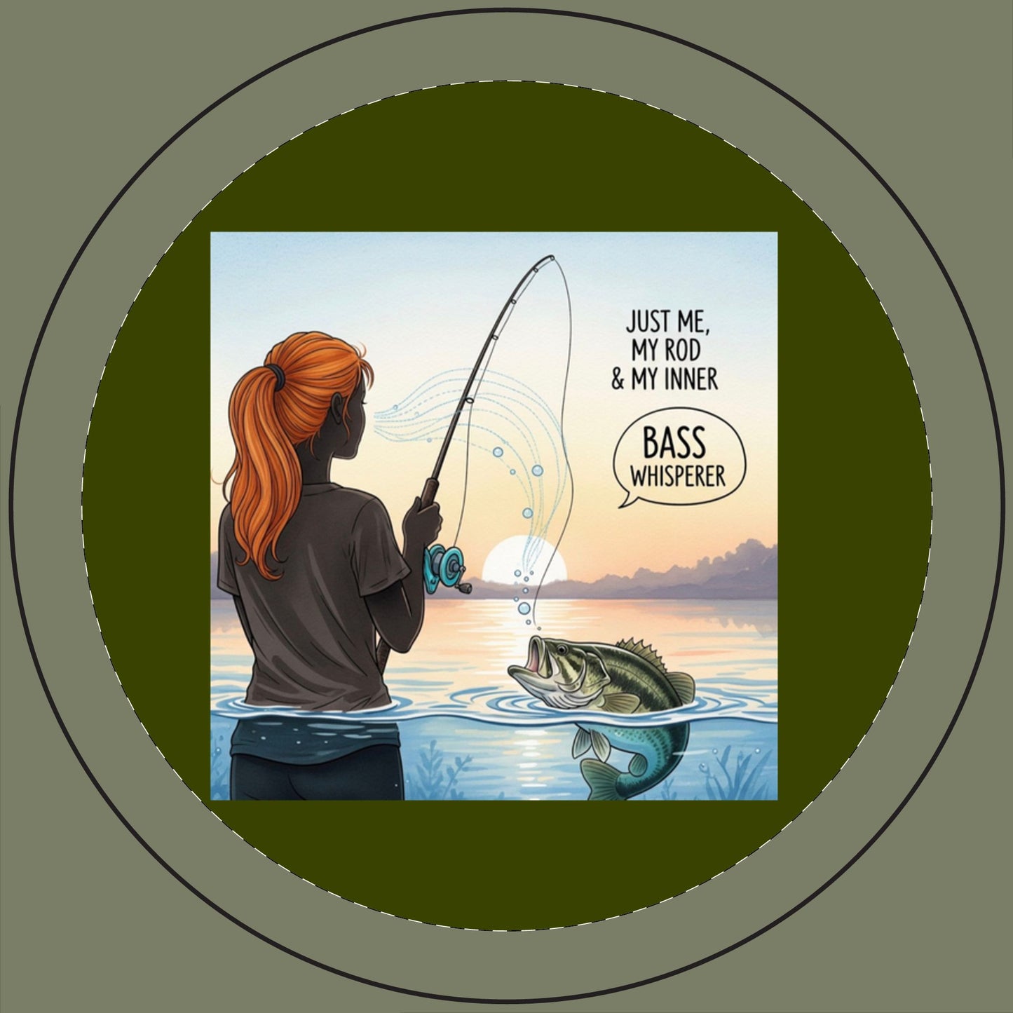 Illustration of a person fishing with text 'Just me, my rod & my inner bass whisperer' on a lake background.