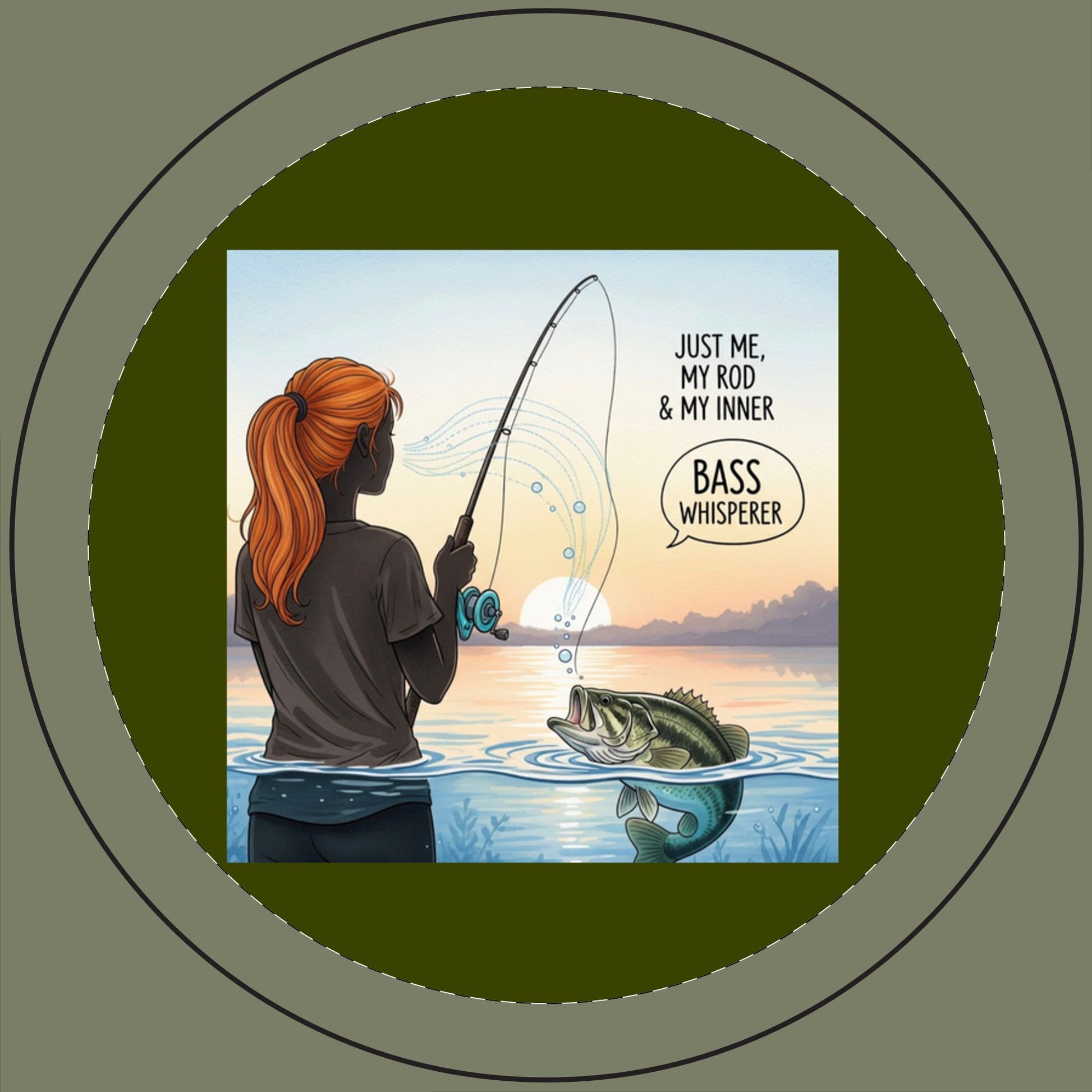 Illustration of a person fishing with text 'Just me, my rod & my inner bass whisperer' on a lake background.