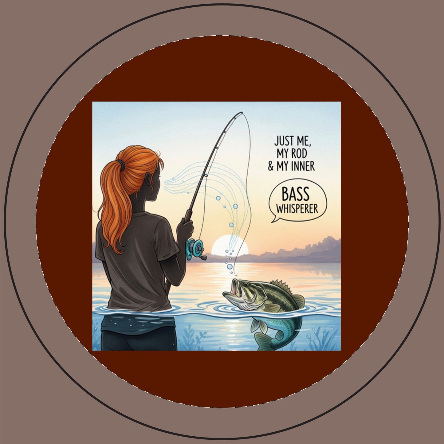Illustration of a person fishing with text 'Just me, my rod & my inner bass whisperer' on a lake background.