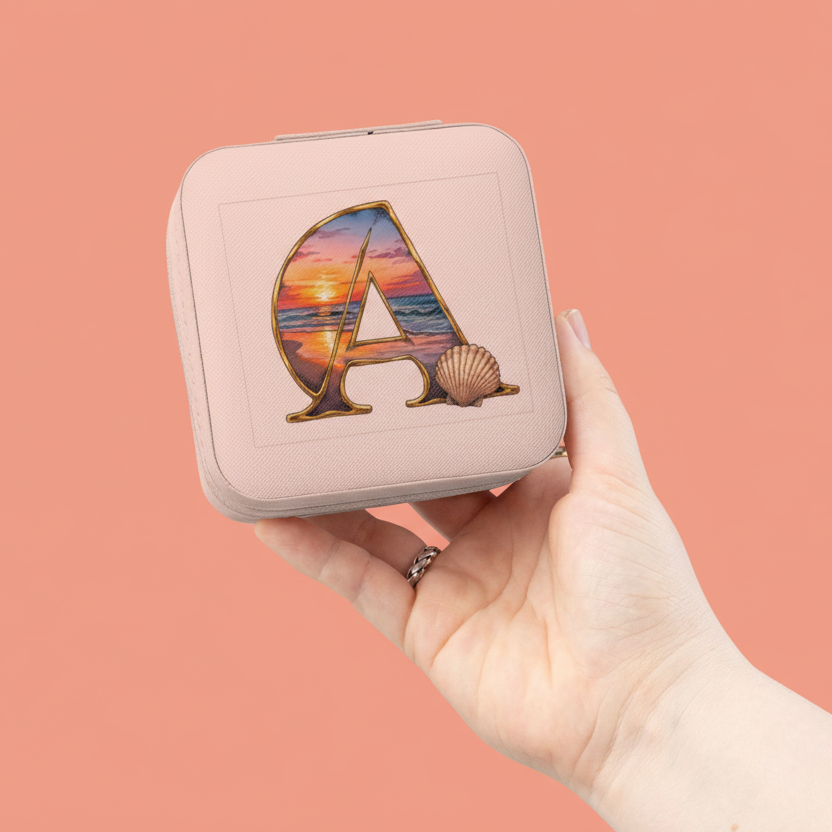 Pink compact mirror with 'A' design held by a hand against a pink background