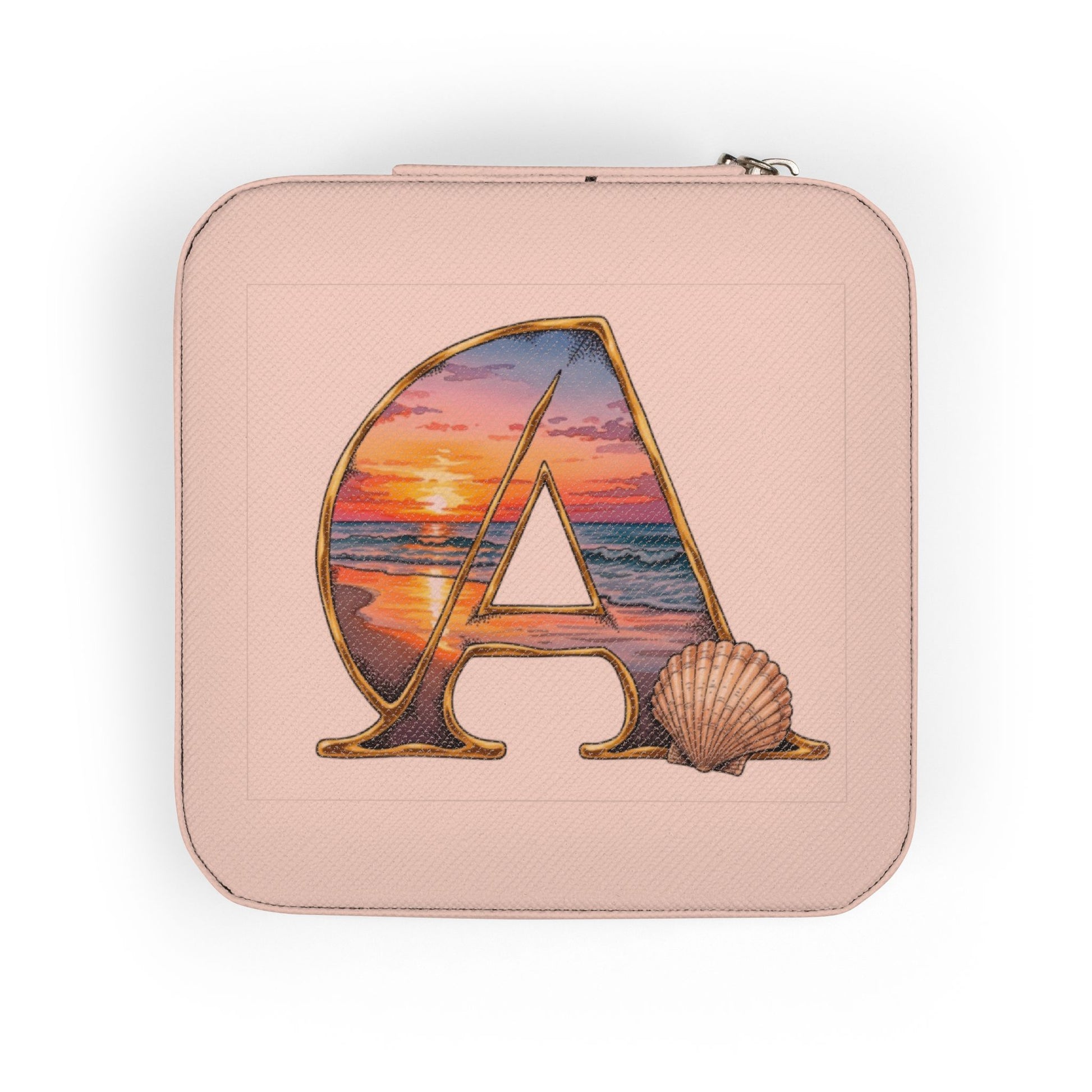 Pink pouch with a letter 'A' design featuring a sunset and shell on a white background